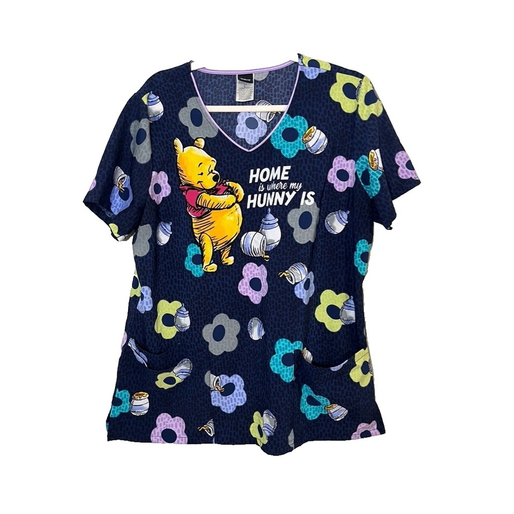 Disney Winnie the Pooh Bear Floral Scrub Top L Colorful Playful Retro Honey Pot